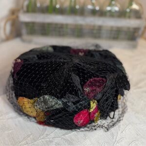 Vintage 1950s Beresford Black Pillbox Hat with Jewel-Tone Velvet Flowers & Veil